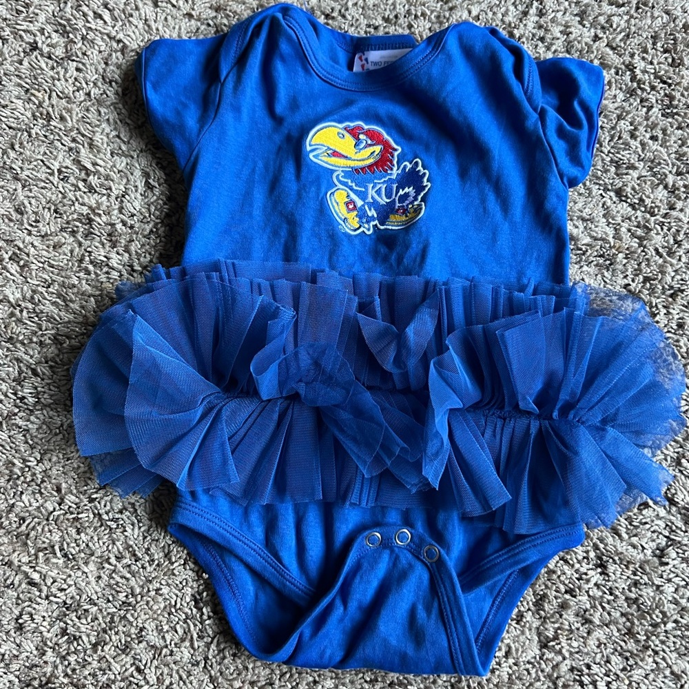 Kansas Jayhawks Cheerleader Tutu Blue One Piece Baby Shirt 12M Two Feet Ahead